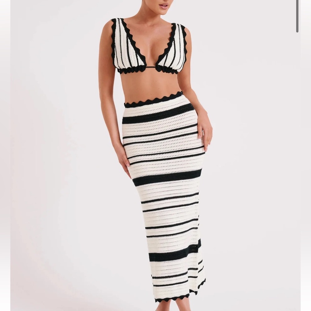 black and white striped crochet summer skirt set